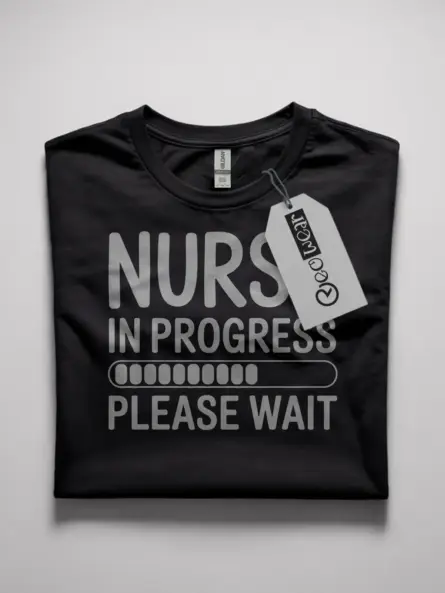 Front view of black nurse in progress t-shirt with loading bar design