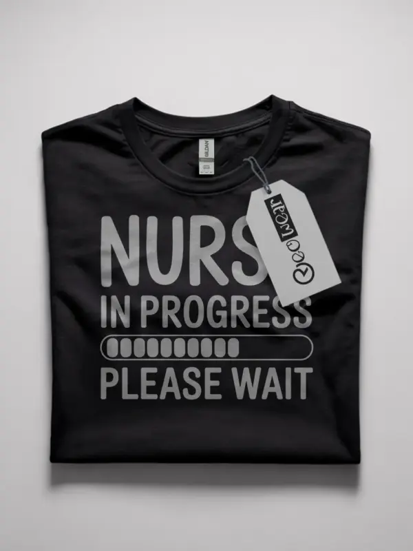 Front view of black nurse in progress t-shirt with loading bar design