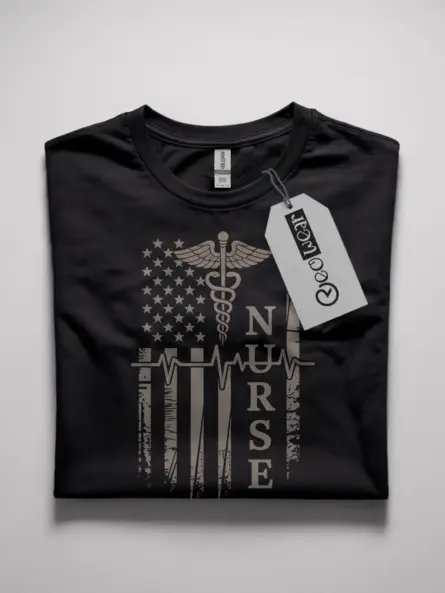 Patriotic Nurse Flag T-Shirt with Caduceus and Heartbeat Design - Image 7