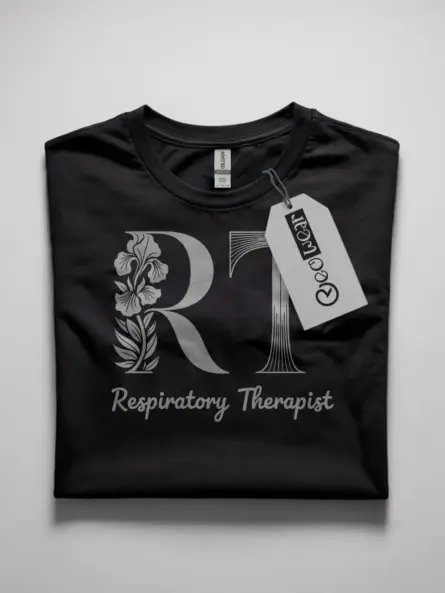 Black respiratory therapist t-shirt front view – elegant RT shirt with hibiscus flower design