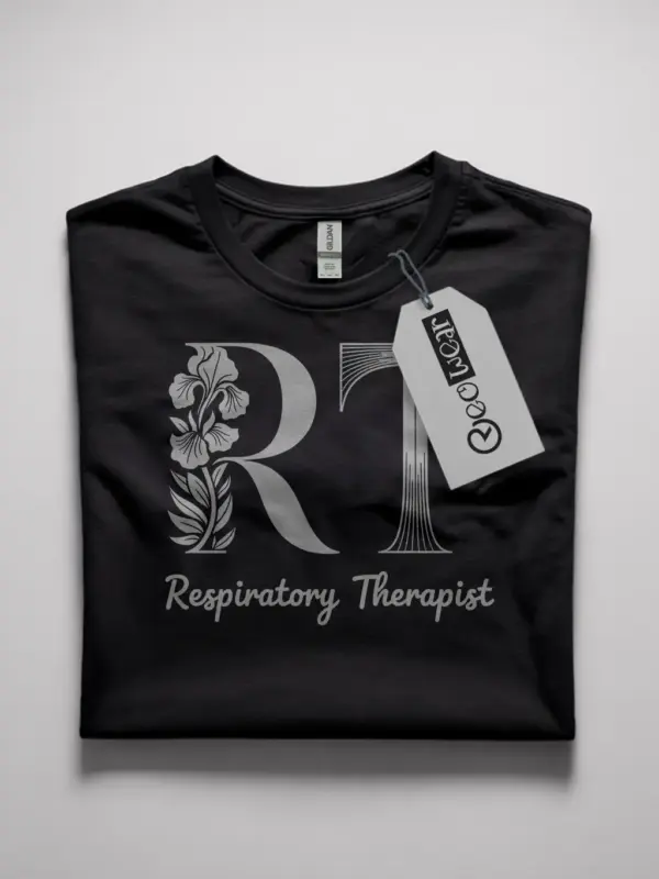 Black respiratory therapist t-shirt front view – elegant RT shirt with hibiscus flower design
