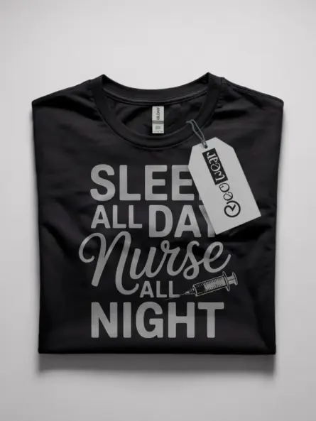 Black sleep all day nurse all night t-shirt front view