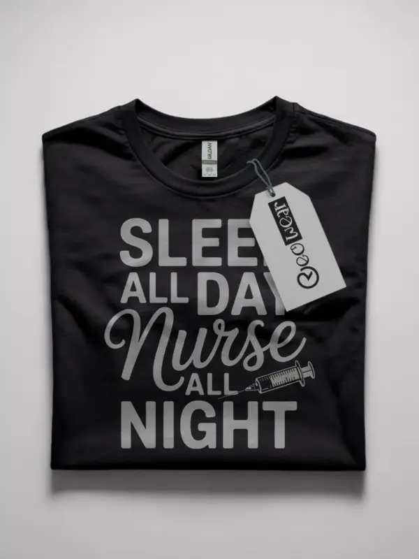 Black sleep all day nurse all night t-shirt front view