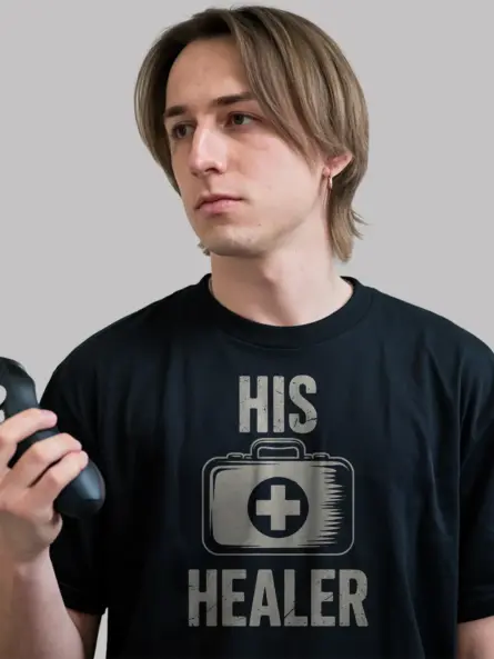 His Healer Gamer T-Shirt | Matching Co-Op Gaming Couple Tee with Vintage Medical Kit Design - Image 6
