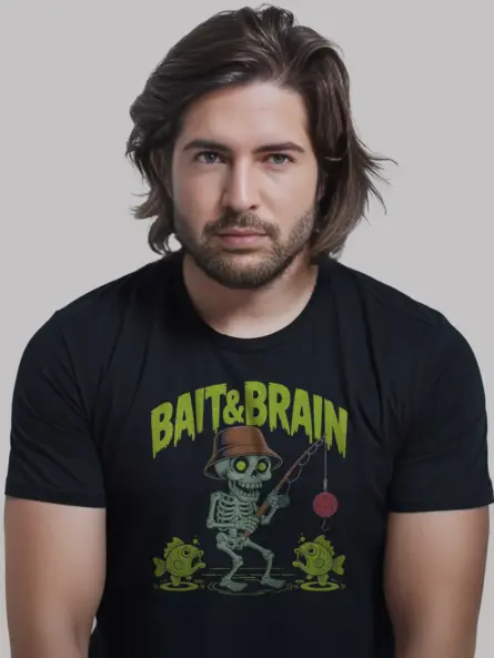 Black Bait and Brain creepy cute skeleton fishing t-shirt front view
