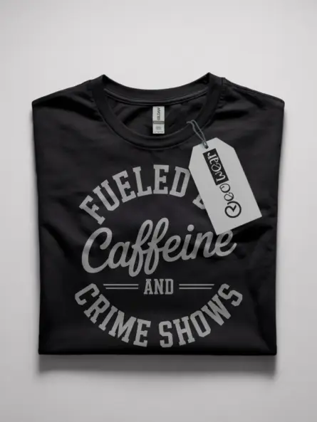 Front black fueled by caffeine and crime shows t-shirt with bold circular text