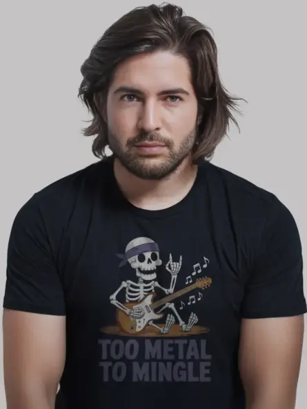 Black Too Metal to Mingle metalhead skeleton guitar t-shirt front view