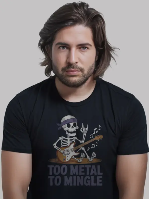 Black Too Metal to Mingle metalhead skeleton guitar t-shirt front view
