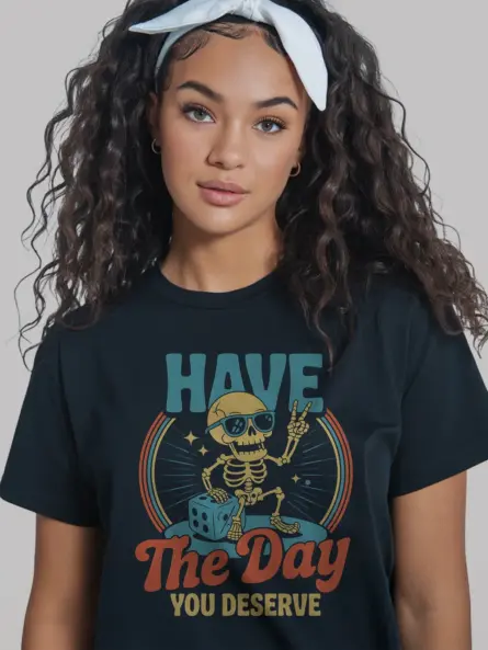 Front view of black shirt – have the day you deserve t-shirt with skeleton peace sign