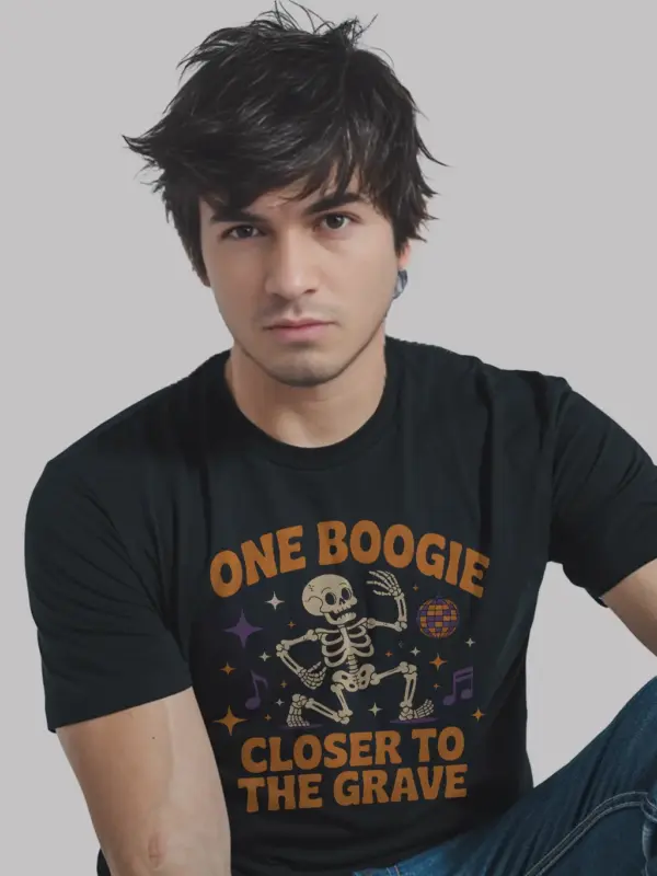black shirt – skeleton disco dance graphic – stay spooky t-shirt