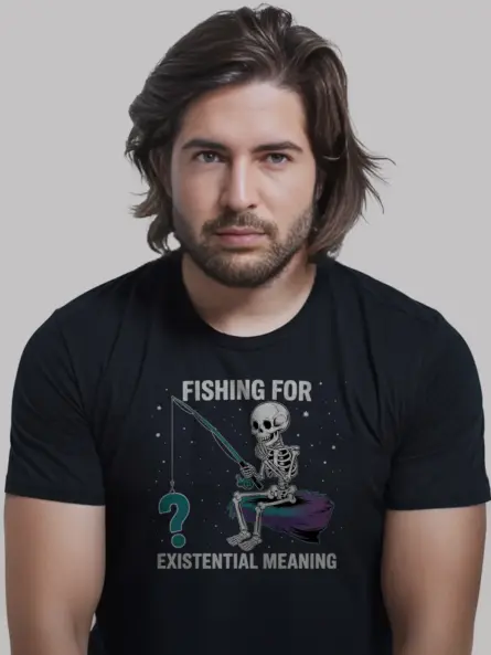 Black Fishing for Existential Meaning existential skeleton t-shirt front view