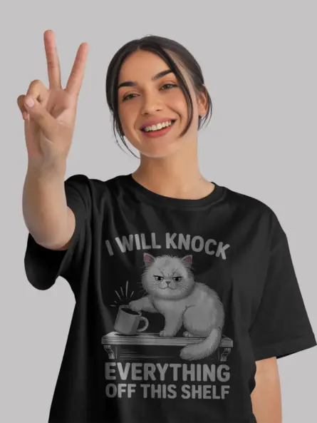 Grumpy Cat Shirt – Funny Shelf Destruction Graphic Tee - Image 3