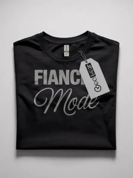 Front view black fiancee mode t-shirt with bold bridal design