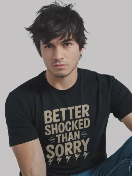 Black Better Shocked Than Sorry Shirt Front – vintage electrician t-shirt, lightning bolt graphic
