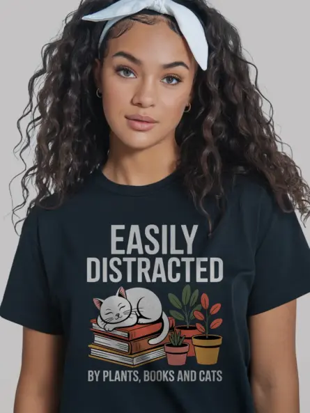 Cat Plant Book Shirt – Cozy Graphic Tee for Homebody Readers - Image 3