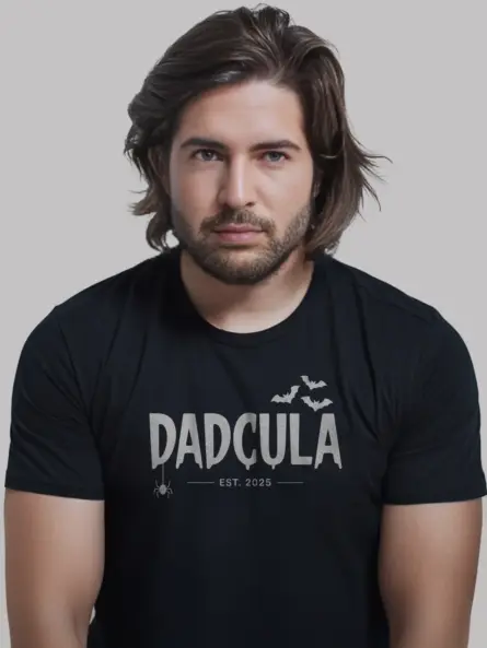 Black front view dadcula halloween shirt with horror font and spider