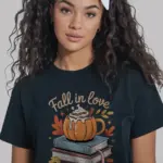 Black shirt fall in love with reading fall reading shirt front view