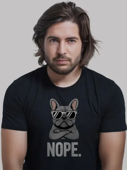 Black Shirt Nope French Bulldog funny French bulldog t-shirt front view