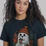 black shirt ghost iced coffee shirt front view kawaii fall graphic