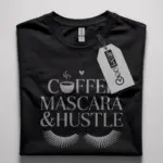 black Front view black coffee mascara hustle t-shirt with lashes and coffee icon