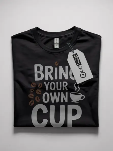 black-front-bring-your-own-cup-t-shirt.webp | Front view black shirt with