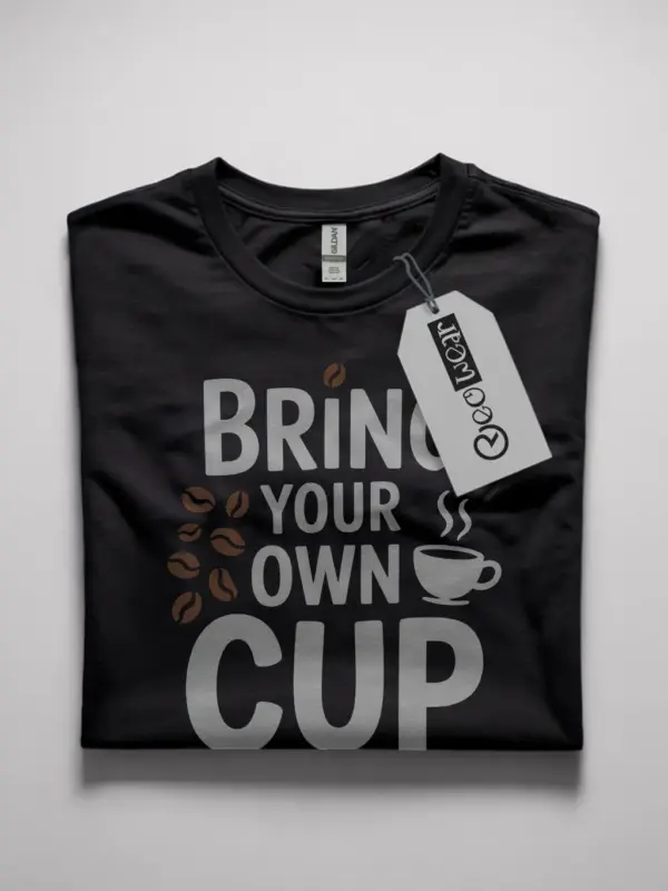 black front view psd Bring Your Own Cup T-Shirt for Coffee Lovers black-front-bring-your-own-cup-t-shirt.webp | Front view black shirt with