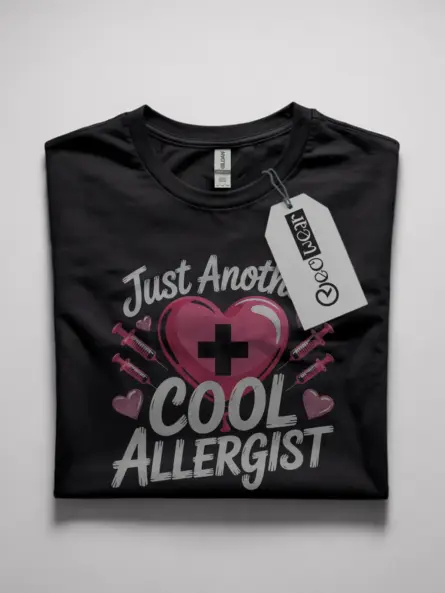 Black Front View Cool Allergist Shirt with Heart and Syringes
