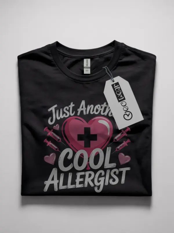 Black Front View Cool Allergist Shirt with Heart and Syringes