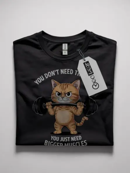 Front view of black shirt with cat lifting weights design, funny cat gym t-shirt