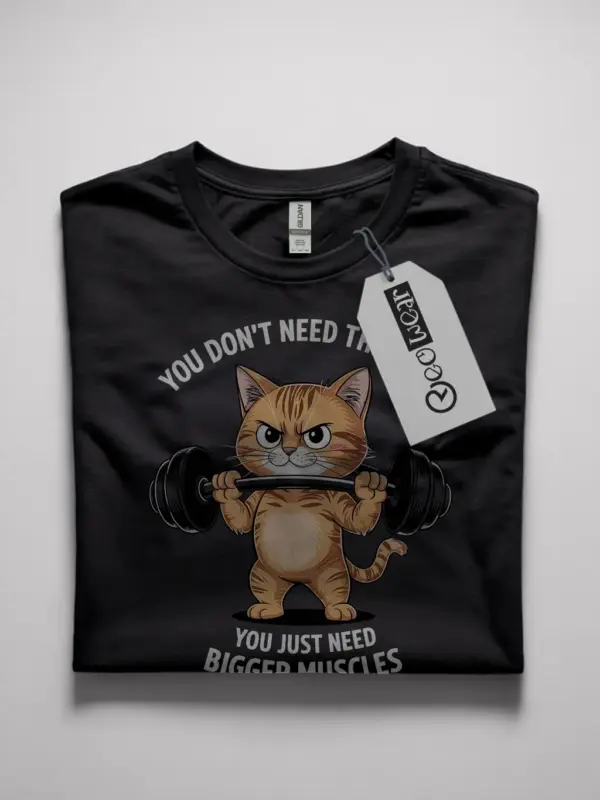 Front view of black shirt with cat lifting weights design, funny cat gym t-shirt