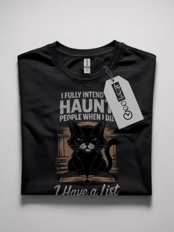 funny haunted cat t-shirt
