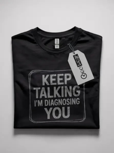 Black Shirt with "Keep Talking I’m Diagnosing You" quote, funny psychologist t-shirt, front view