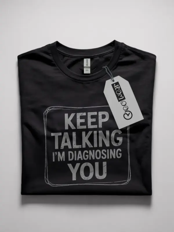 Black Shirt with "Keep Talking I’m Diagnosing You" quote, funny psychologist t-shirt, front view