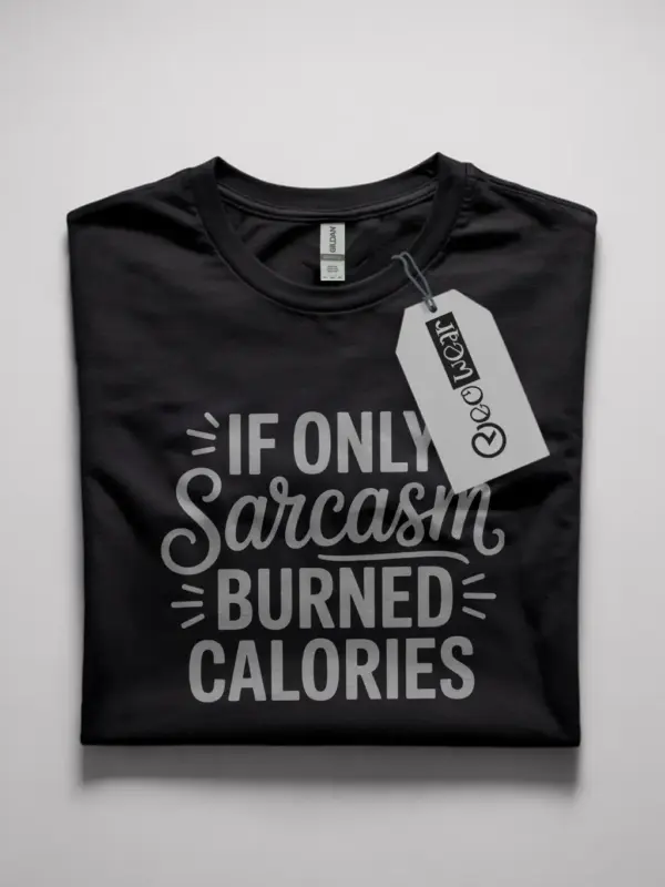 Black shirt front view with sarcasm burned calories shirt quote