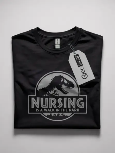 Black Front View Nursing Is a Walk in the Park Shirt with T-Rex Design