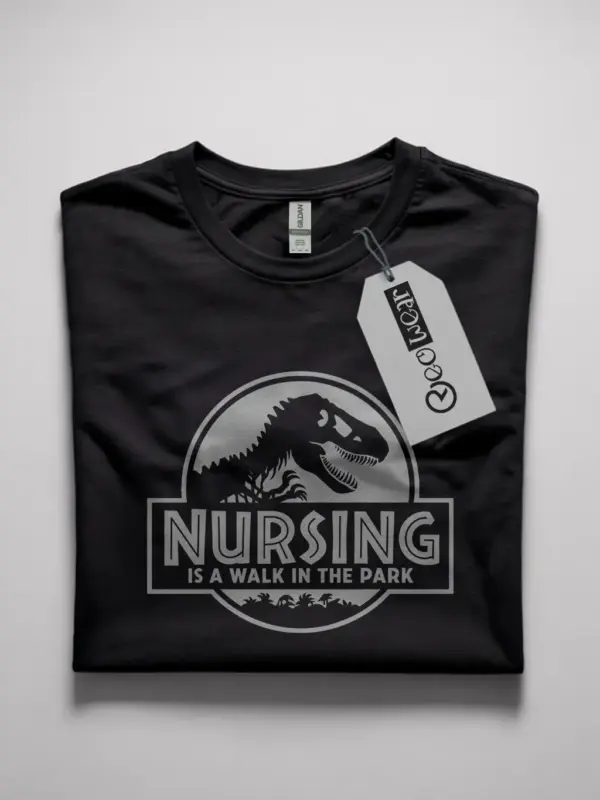 Black Front View Nursing Is a Walk in the Park Shirt with T-Rex Design