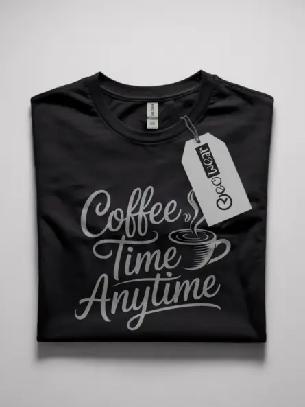black Front view of black coffee time anytime shirt with white graphic