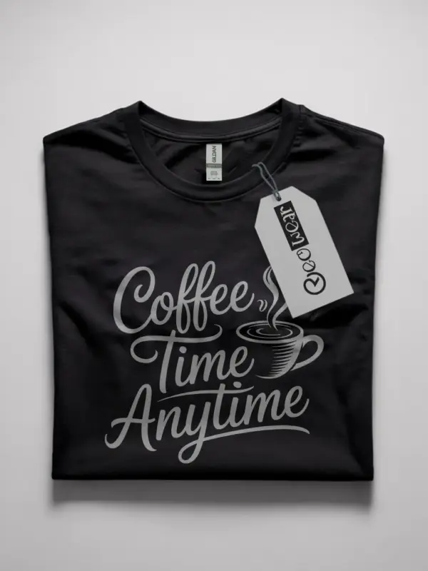 black Front view of black coffee time anytime shirt with white graphic