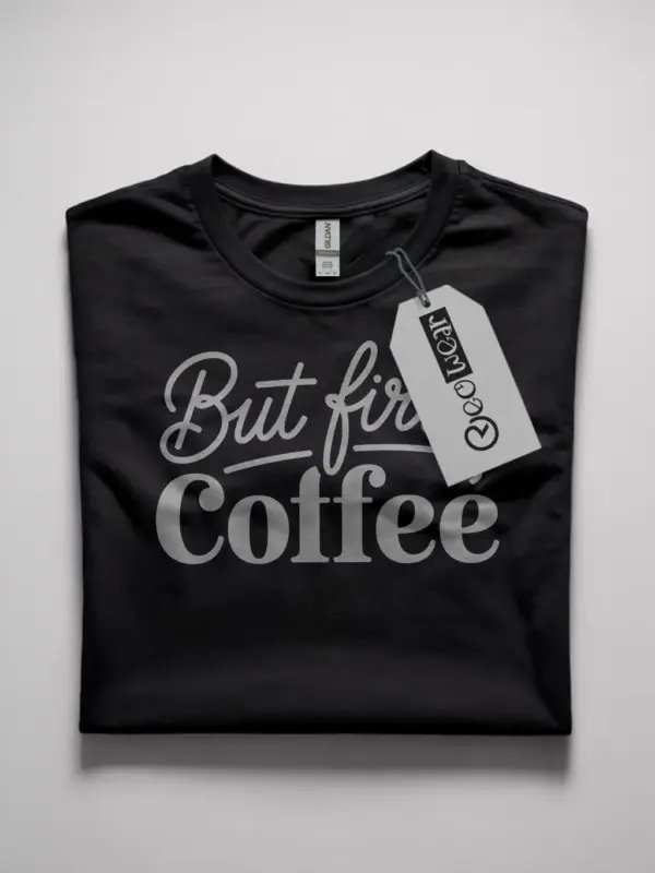 Front view of black but first coffee shirt with bold white typography