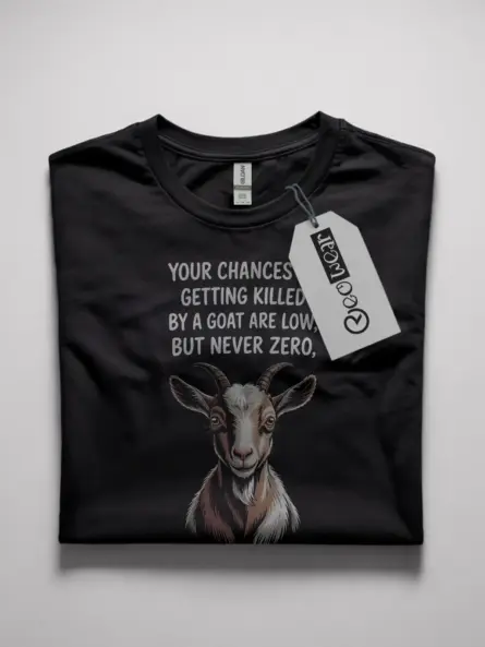 Black shirt front view with “your chances of getting killed by a goat” phrase – funny goat meme t-shirt