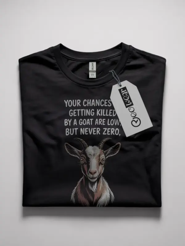 Black shirt front view with “your chances of getting killed by a goat” phrase – funny goat meme t-shirt