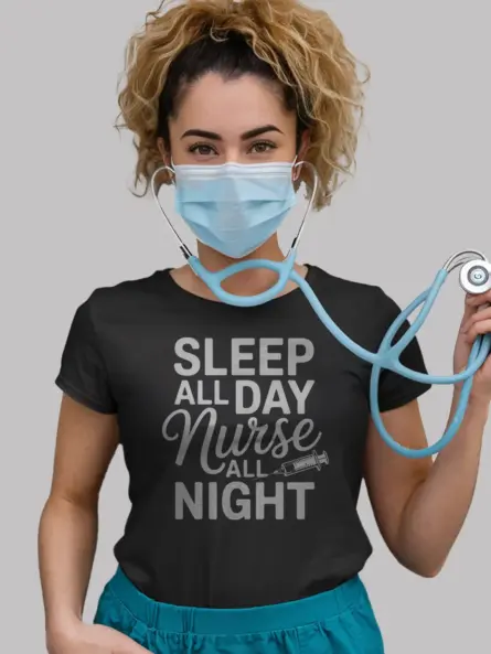 Black sleep all day nurse all night t-shirt night shift nurse shirt with syringe illustration