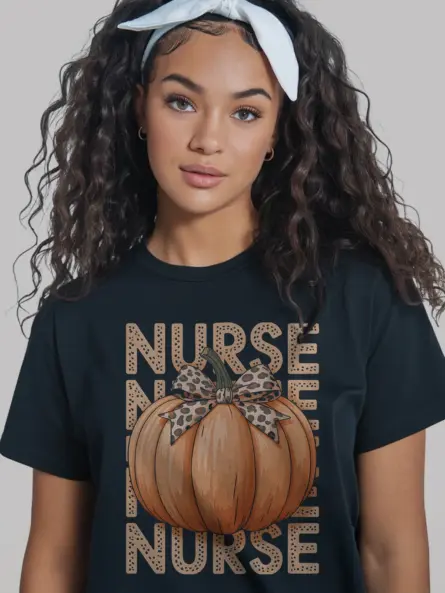 Pumpkin Nurse Shirt – Trendy Fall Tee with Leopard Bow Design - Image 3