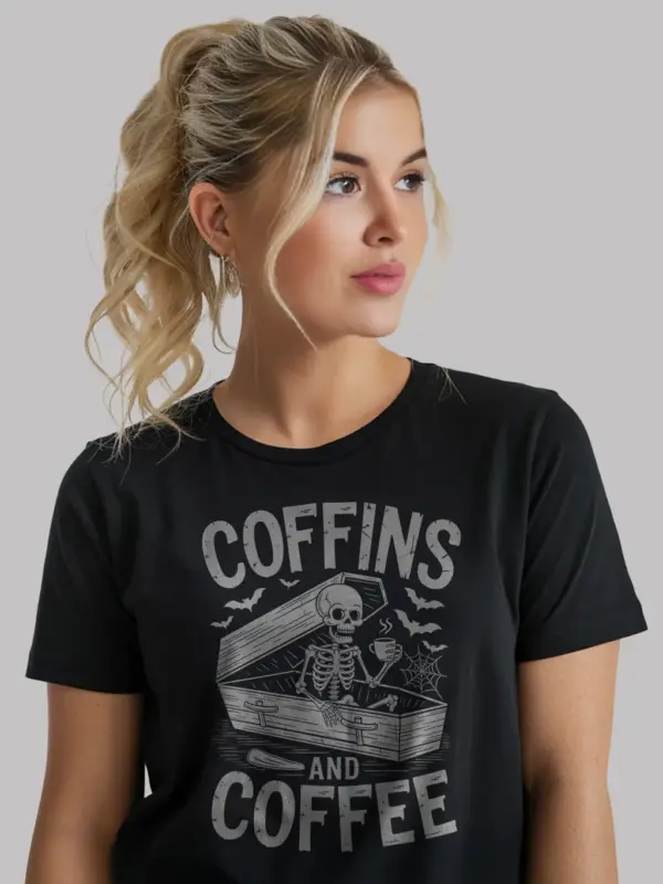 Black Coffins and Coffee Shirt Front – goth skeleton coffee t-shirt with vintage coffin design