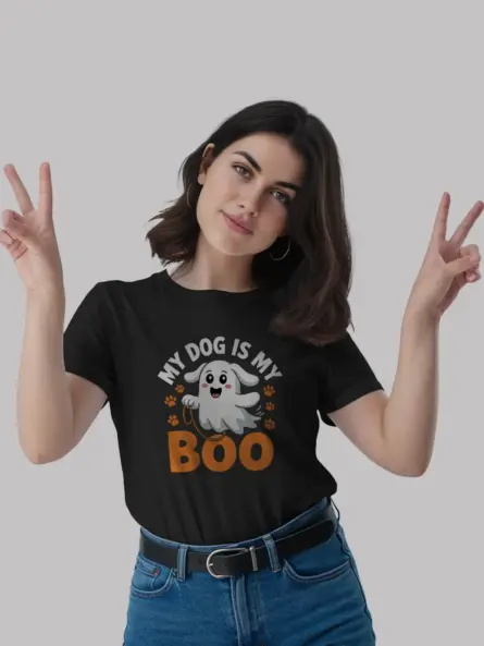 black front view my dog is my boo halloween t-shirt ghost dog design