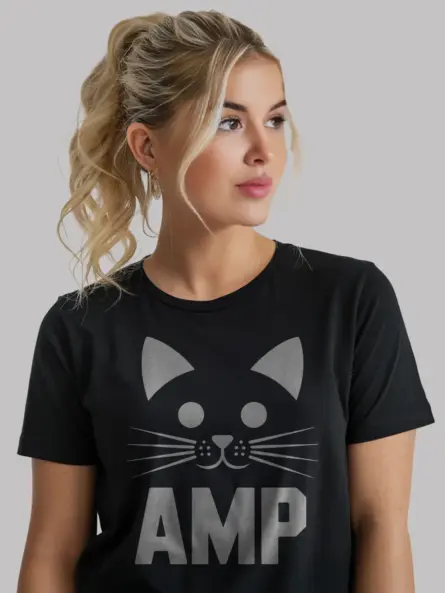 Black Amp Cat Shirt Front View – electrician cat shirt, tech-inspired apparel