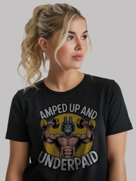Black Amped Up and Underpaid Shirt Front – funny electrician shirt, comic design