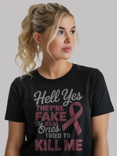 Black Shirt Front – Hell Yes They’re Fake – funny mastectomy shirt
