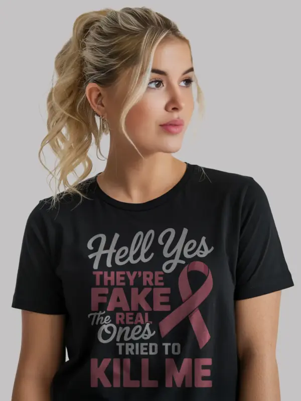 Black Shirt Front – Hell Yes They’re Fake – funny mastectomy shirt