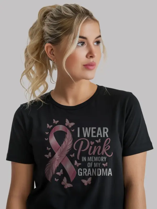 Black front – I Wear Pink in Memory of My Grandma Shirt pink ribbon front
